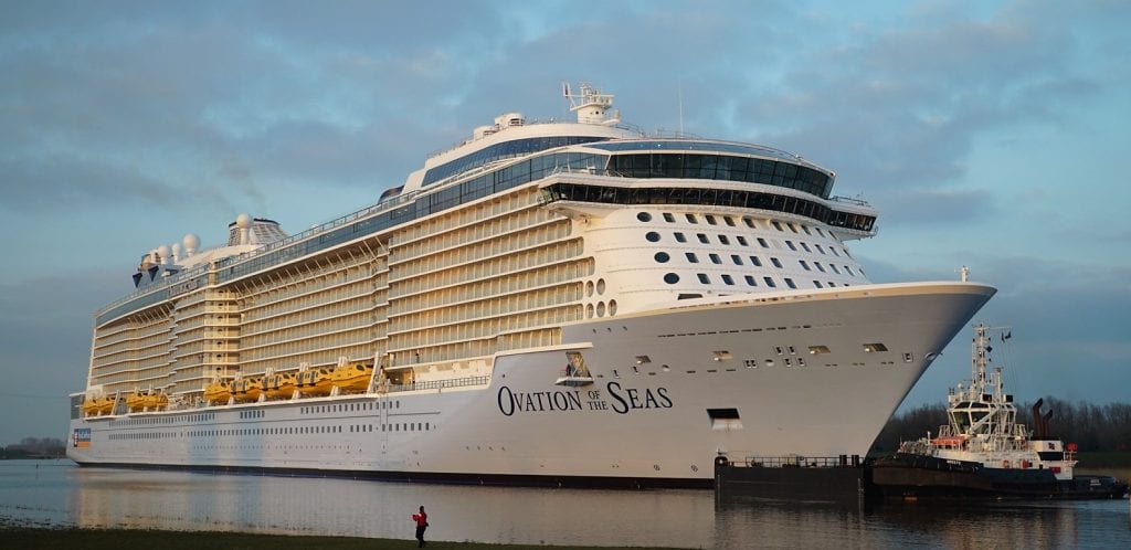 The 5,000-passenger Ovation of the Seas begins its 26-mile conveyance to the North Sea March 11, 2016. It will begin sailing Alaska’s Inside Passage beginning in 2019. (Photo courtesy Royal Caribbean International.)