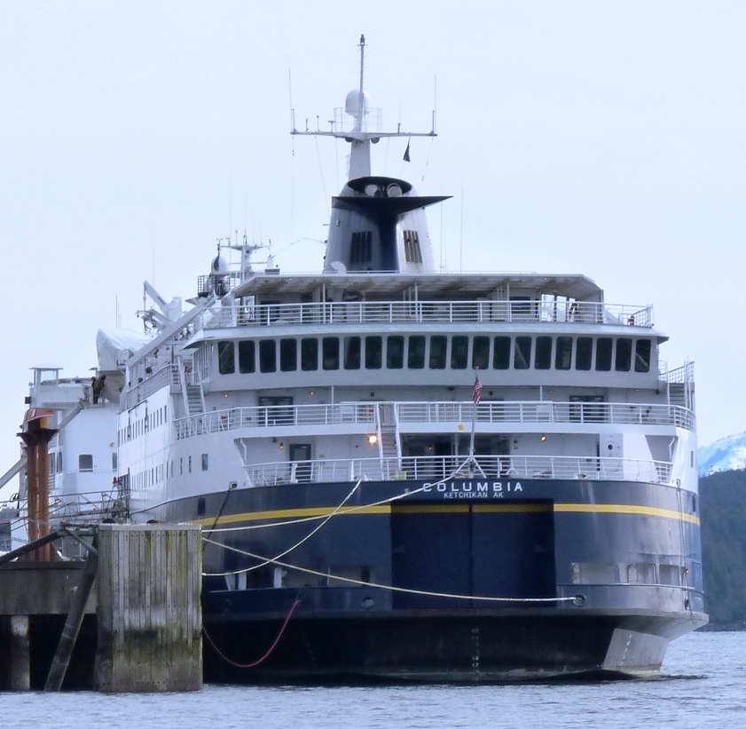The ferry Columbia ties up in Ketchikan in 2012. It's running late this week after a mechanical problem. (Photo by Ed Schoenfeld/CoastAlaska News)