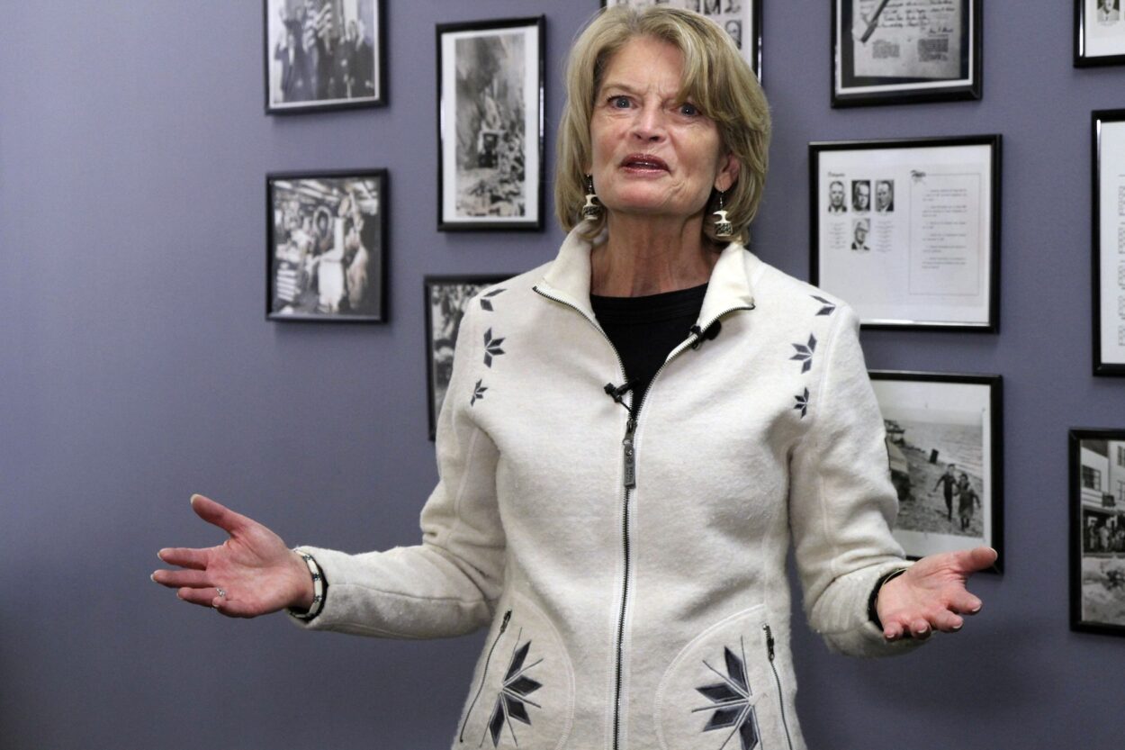 Alaska Senator Lisa Murkowski speaks to reporters in November 2021.