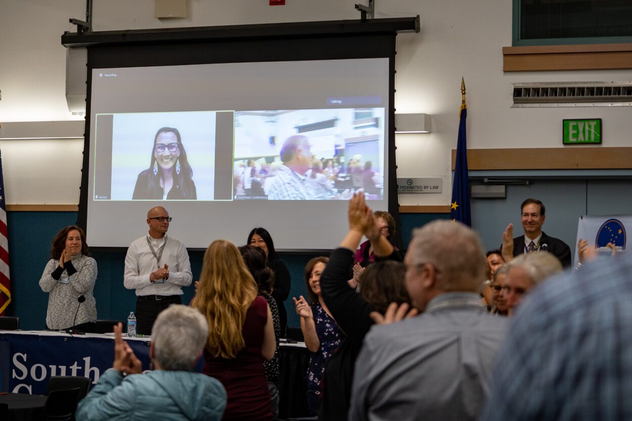 Rep. Mary Peltola gets a standing ovation at Ketchikan's Ted Ferry Civic Center during a virtual appearance at the annual meeting of Southeast Conference on Sept. 15, 2022. 